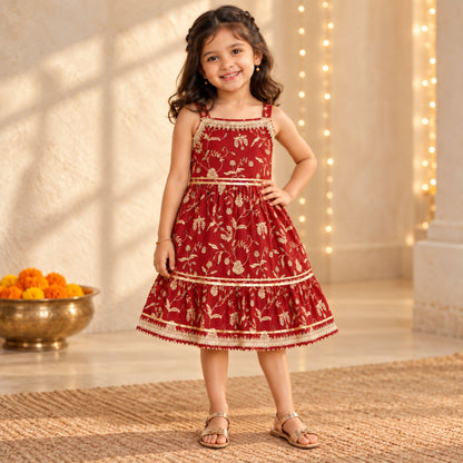 The Magic Wand Cotton Woven Cambric Sleeveless Floral Printed Laced Tiered Dress - Maroon