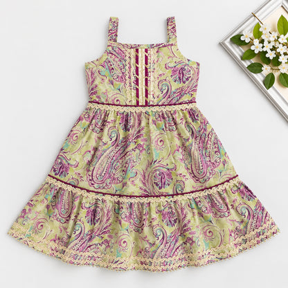 The Magic Wand Cotton Woven Cambric Sleeveless Floral Printed Laced Tiered Dress - Purple