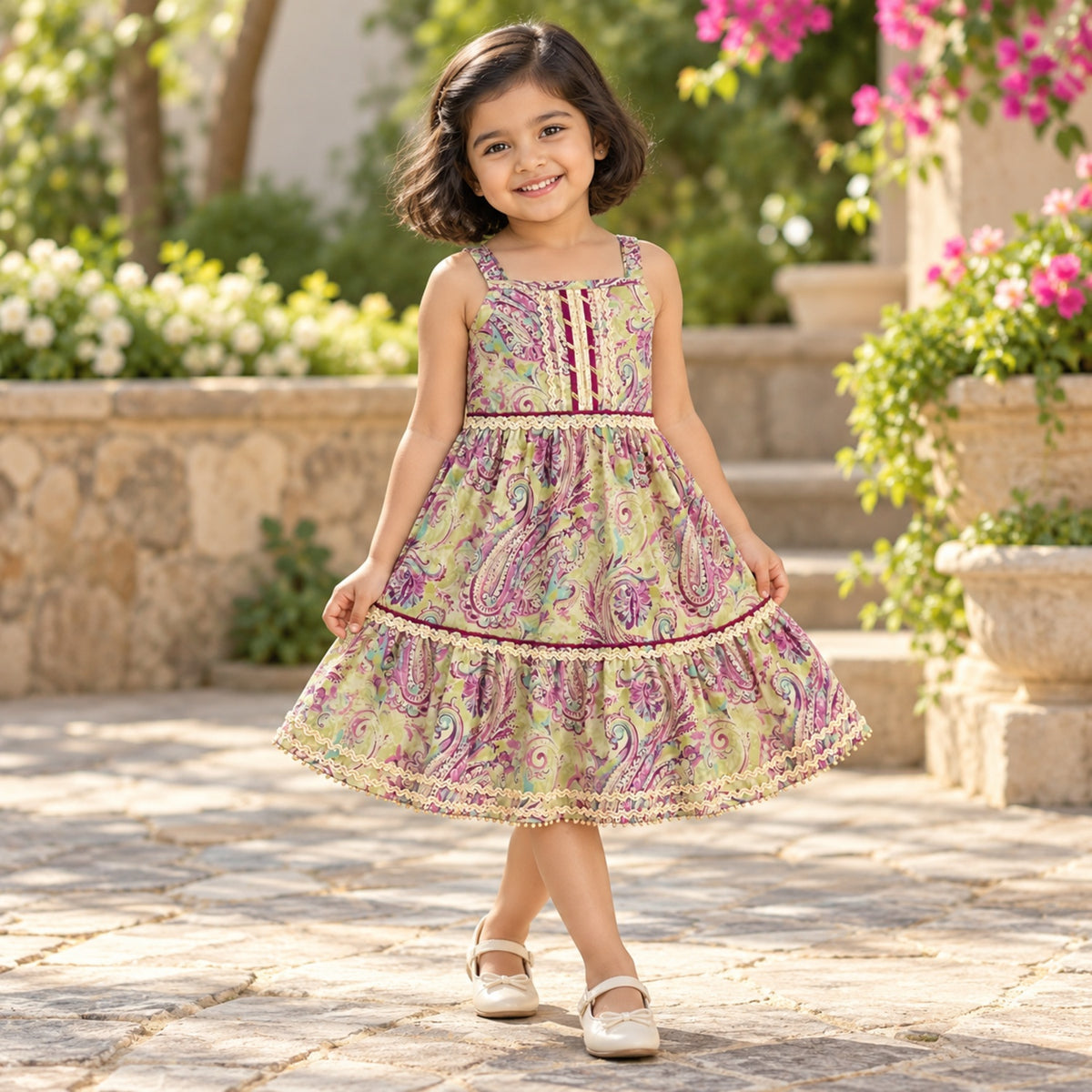 The Magic Wand Cotton Woven Cambric Sleeveless Floral Printed Laced Tiered Dress - Purple