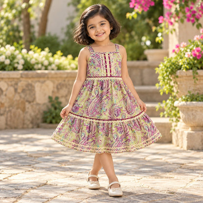 The Magic Wand Cotton Woven Cambric Sleeveless Floral Printed Laced Tiered Dress - Purple