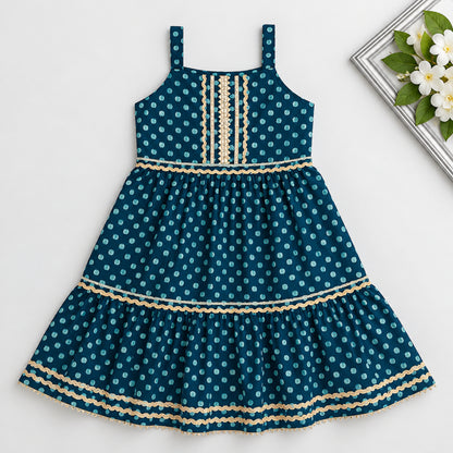 The Magic Wand Cotton Woven Cambric Sleeveless Polka Dots Printed Laced Tiered Dress - Teal Blue