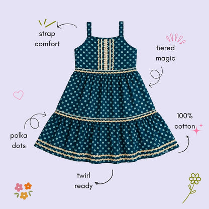 The Magic Wand Cotton Woven Cambric Sleeveless Polka Dots Printed Laced Tiered Dress - Teal Blue