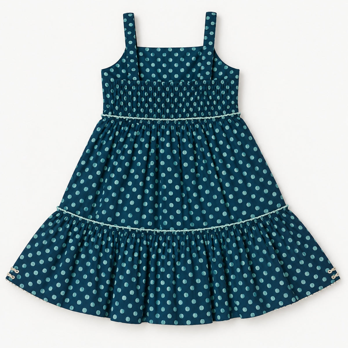 The Magic Wand Cotton Woven Cambric Sleeveless Polka Dots Printed Laced Tiered Dress - Teal Blue