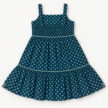 The Magic Wand Cotton Woven Cambric Sleeveless Polka Dots Printed Laced Tiered Dress - Teal Blue