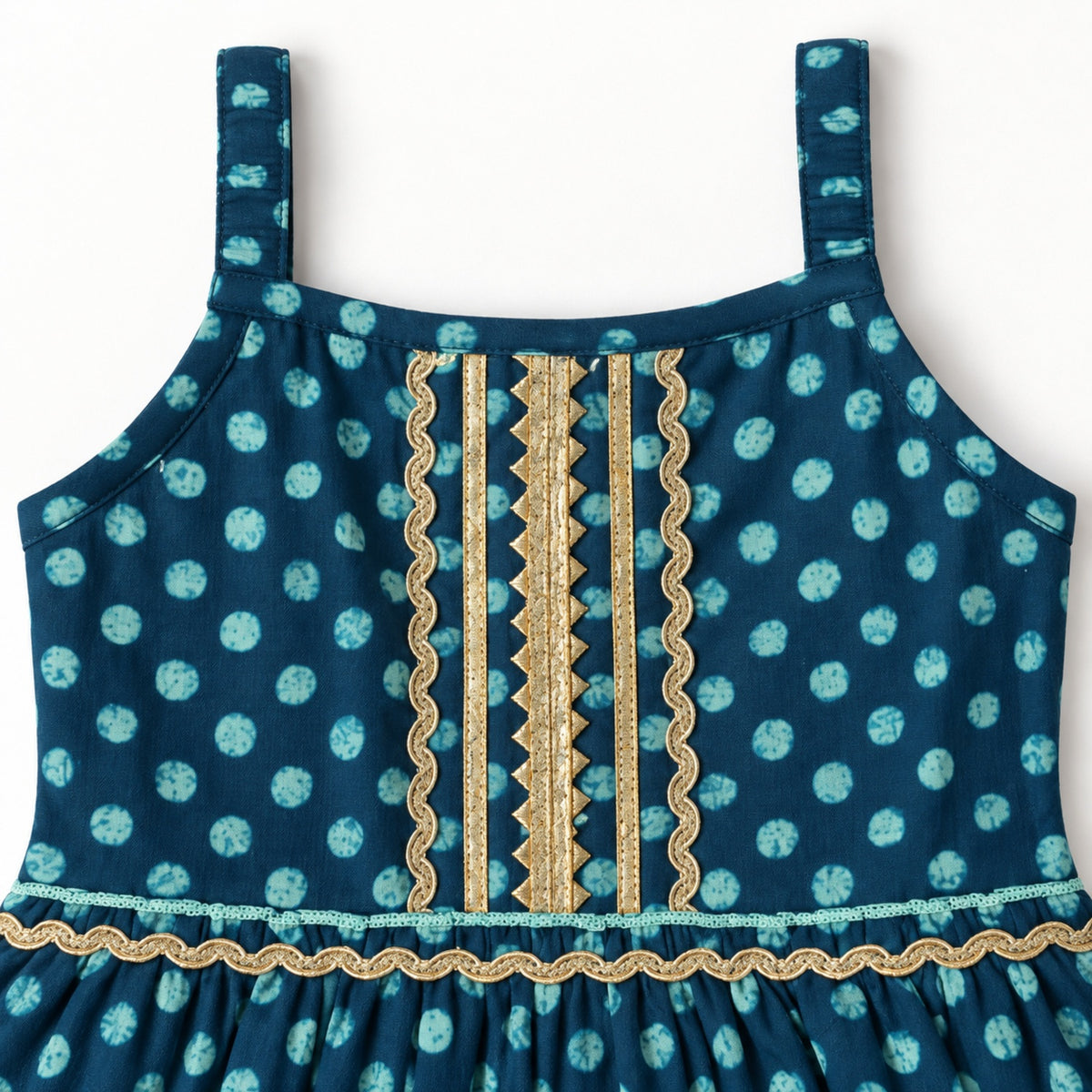 The Magic Wand Cotton Woven Cambric Sleeveless Polka Dots Printed Laced Tiered Dress - Teal Blue