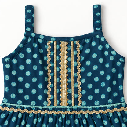 The Magic Wand Cotton Woven Cambric Sleeveless Polka Dots Printed Laced Tiered Dress - Teal Blue