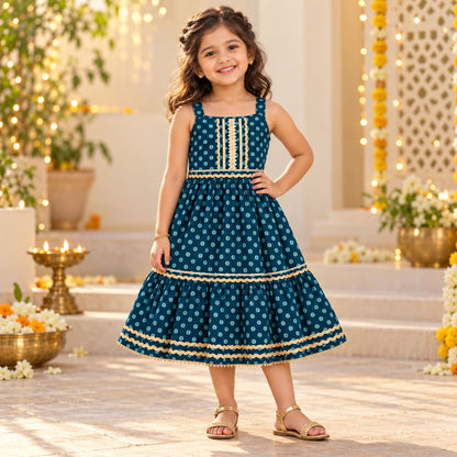 The Magic Wand Cotton Woven Cambric Sleeveless Polka Dots Printed Laced Tiered Dress - Teal Blue