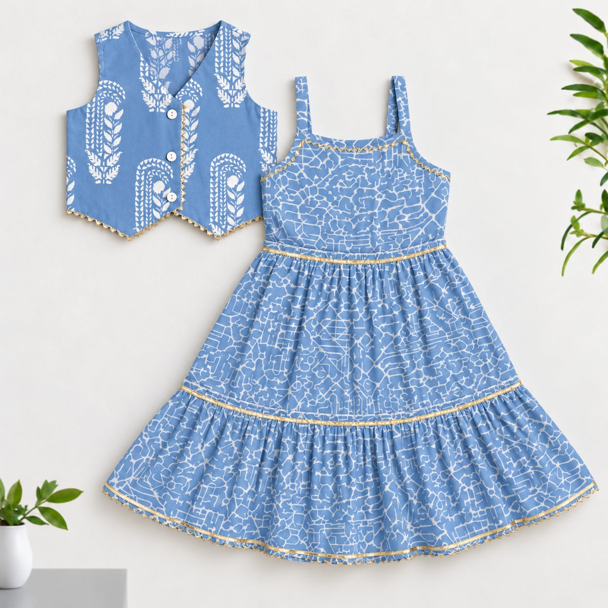 The Magic Wand Cotton Woven Cambric Sleeveless Abstract Line Printed Dress And Floral Waistcoat Set - Blue