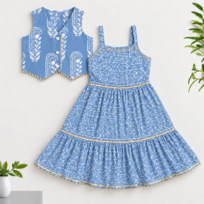 The Magic Wand Cotton Woven Cambric Sleeveless Abstract Line Printed Dress And Floral Waistcoat Set - Blue