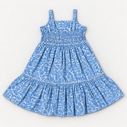The Magic Wand Cotton Woven Cambric Sleeveless Abstract Line Printed Dress And Floral Waistcoat Set - Blue