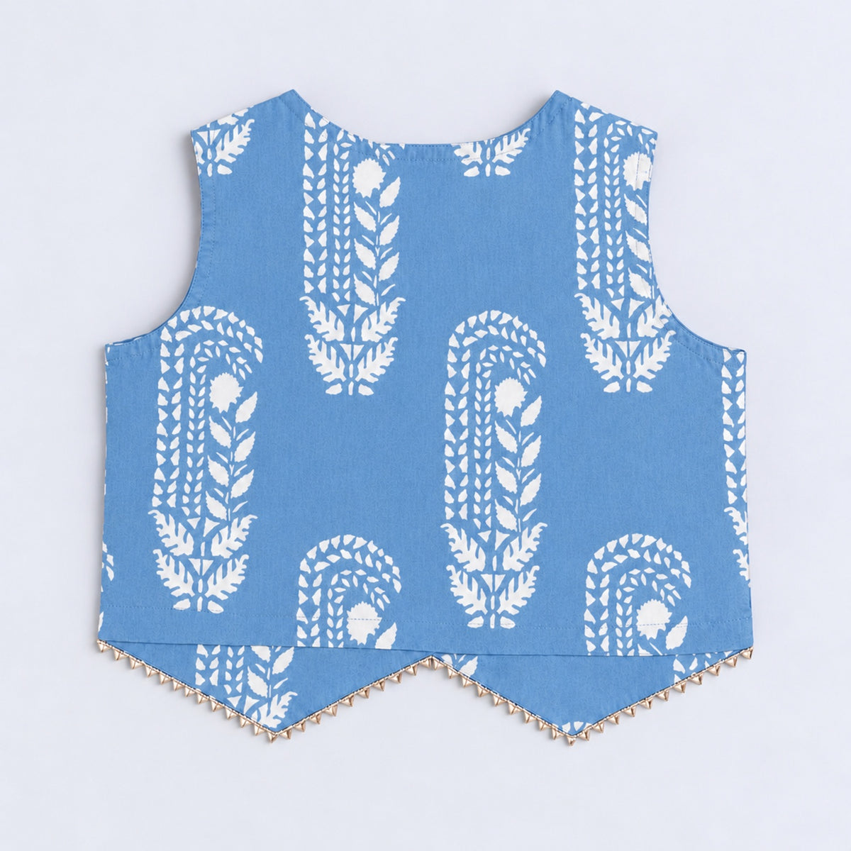 The Magic Wand Cotton Woven Cambric Sleeveless Abstract Line Printed Dress And Floral Waistcoat Set - Blue