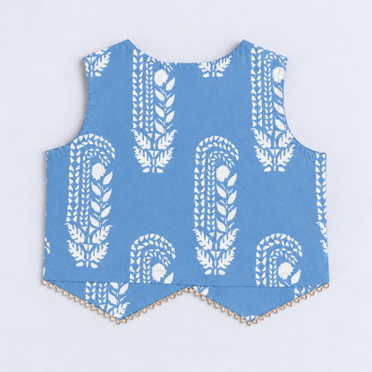 The Magic Wand Cotton Woven Cambric Sleeveless Abstract Line Printed Dress And Floral Waistcoat Set - Blue