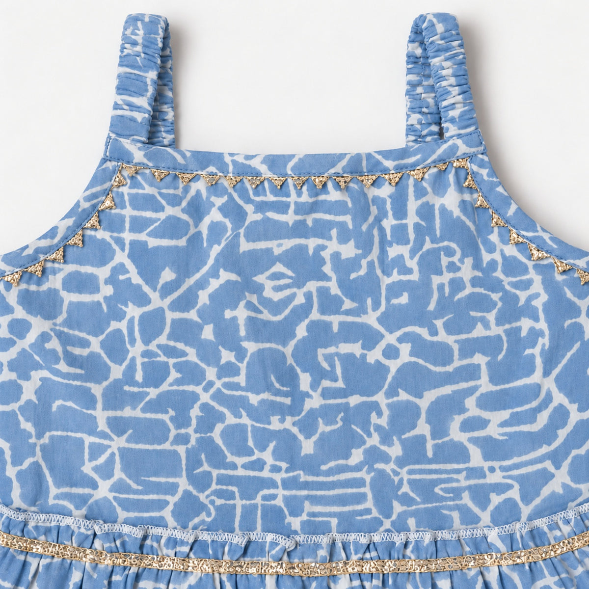 The Magic Wand Cotton Woven Cambric Sleeveless Abstract Line Printed Dress And Floral Waistcoat Set - Blue