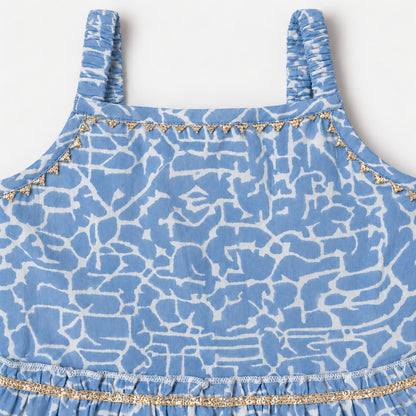 The Magic Wand Cotton Woven Cambric Sleeveless Abstract Line Printed Dress And Floral Waistcoat Set - Blue