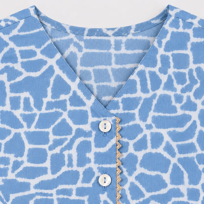 The Magic Wand Cotton Woven Cambric Sleeveless Abstract Line Printed Dress And Floral Waistcoat Set - Blue