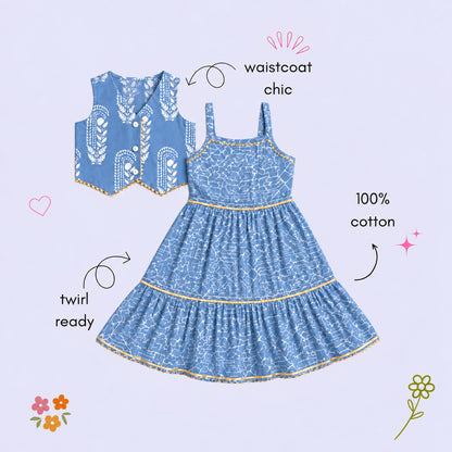 The Magic Wand Cotton Woven Cambric Sleeveless Abstract Line Printed Dress And Floral Waistcoat Set - Blue