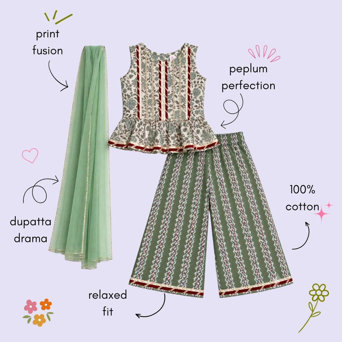 The Magic Wand Cotton Woven Cambric Floral Printed Laced Peplum Top And Stripe Printed Pant Set With Dupatta - Green