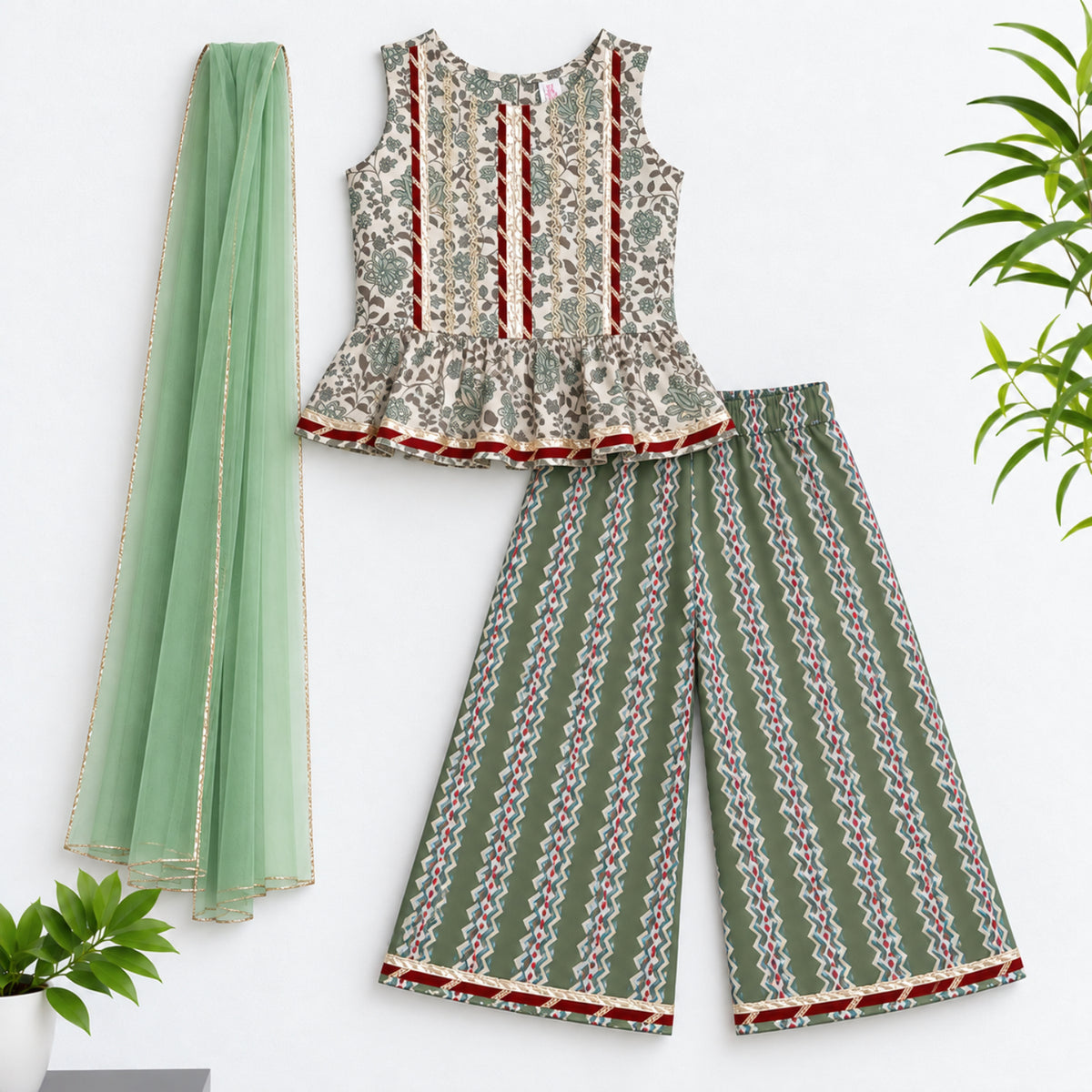 The Magic Wand Cotton Woven Cambric Floral Printed Laced Peplum Top And Stripe Printed Pant Set With Dupatta - Green