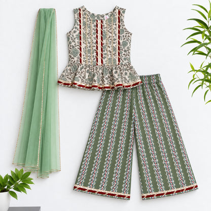 The Magic Wand Cotton Woven Cambric Floral Printed Laced Peplum Top And Stripe Printed Pant Set With Dupatta - Green
