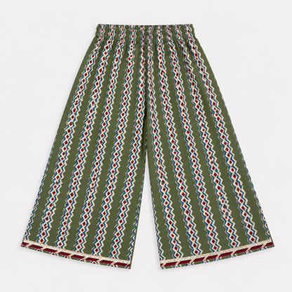 The Magic Wand Cotton Woven Cambric Floral Printed Laced Peplum Top And Stripe Printed Pant Set With Dupatta - Green