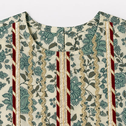 The Magic Wand Cotton Woven Cambric Floral Printed Laced Peplum Top And Stripe Printed Pant Set With Dupatta - Green