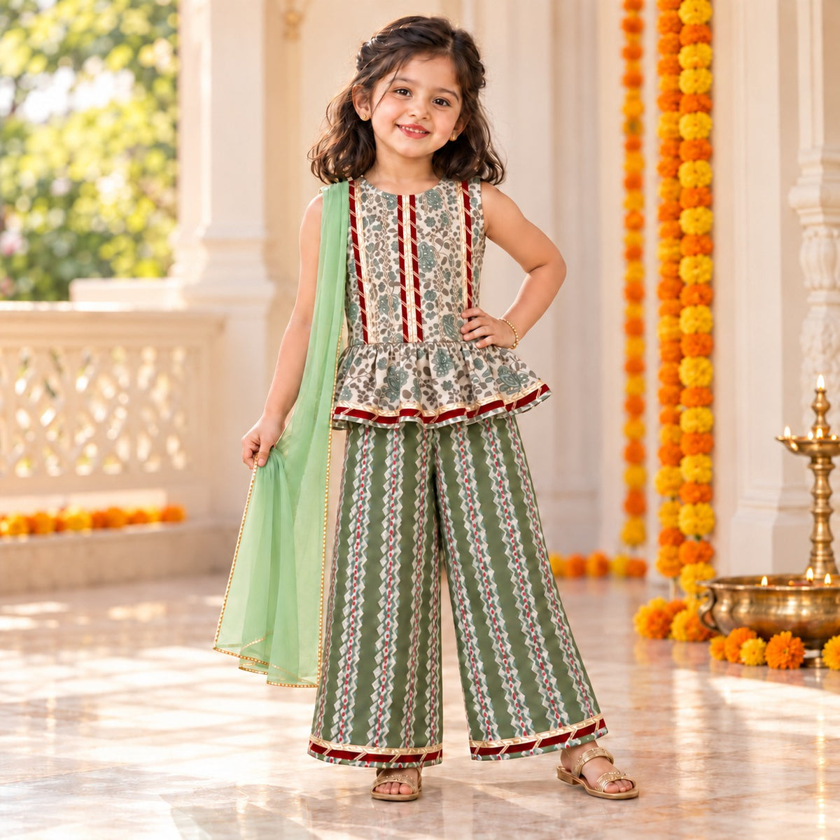 The Magic Wand Cotton Woven Cambric Floral Printed Laced Peplum Top And Stripe Printed Pant Set With Dupatta - Green
