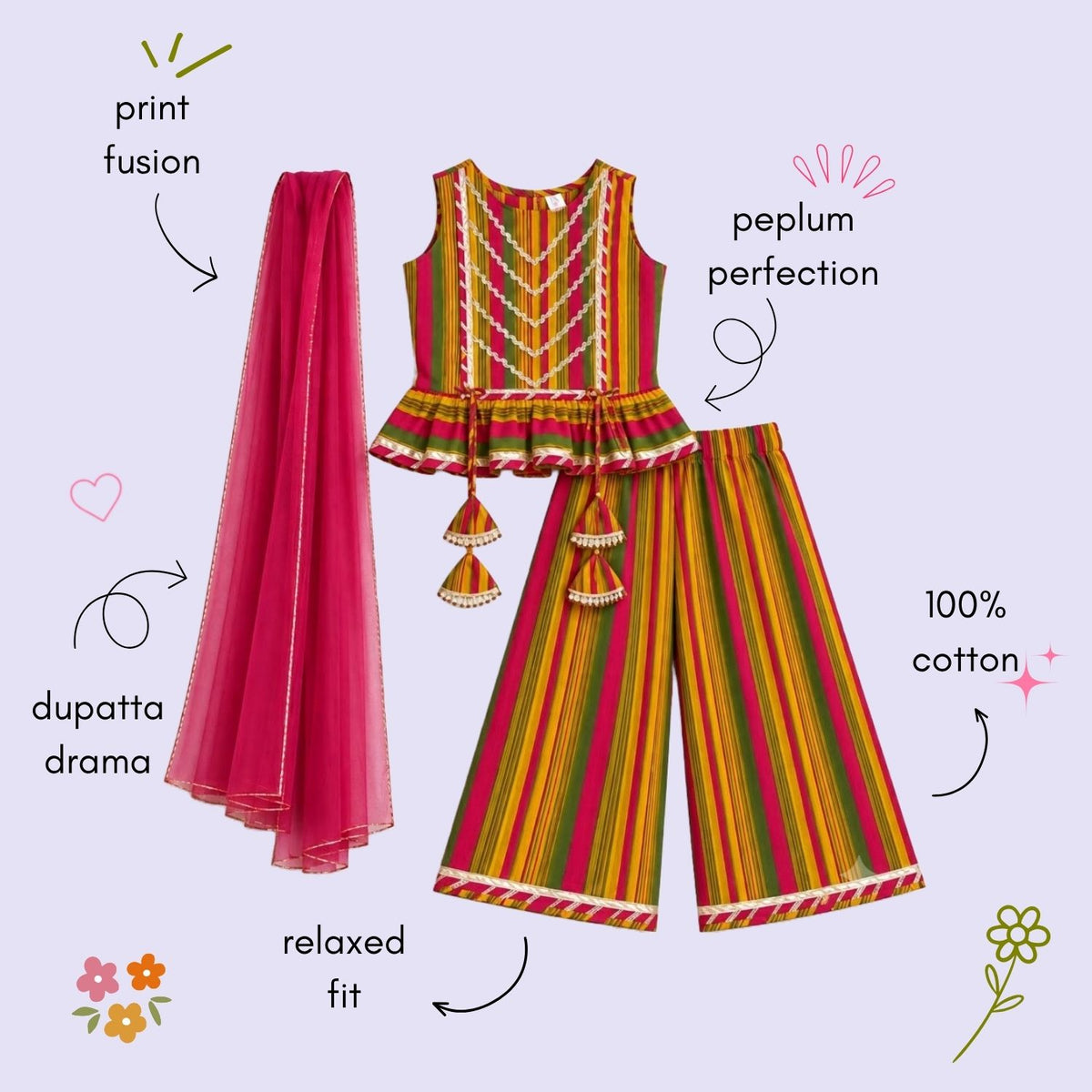 The Magic Wand Cotton Woven Cambric Colourful Stripes Laced Peplum Top And Pant Set With Dupatta - Multi Color
