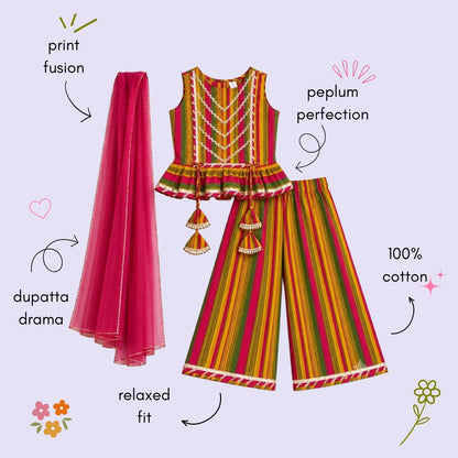 The Magic Wand Cotton Woven Cambric Colourful Stripes Laced Peplum Top And Pant Set With Dupatta - Multi Color