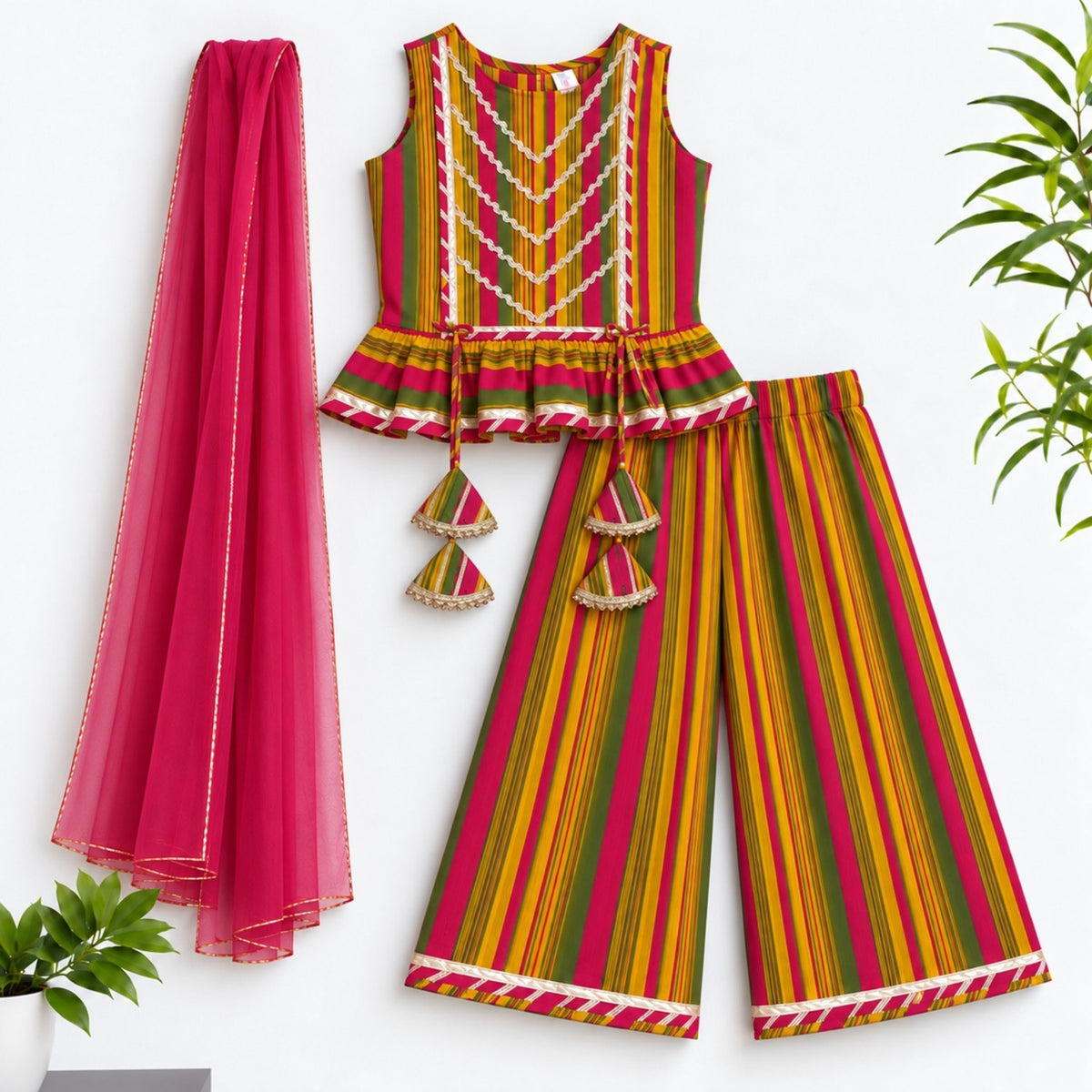 The Magic Wand Cotton Woven Cambric Colourful Stripes Laced Peplum Top And Pant Set With Dupatta - Multi Color