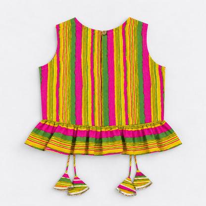 The Magic Wand Cotton Woven Cambric Colourful Stripes Laced Peplum Top And Pant Set With Dupatta - Multi Color