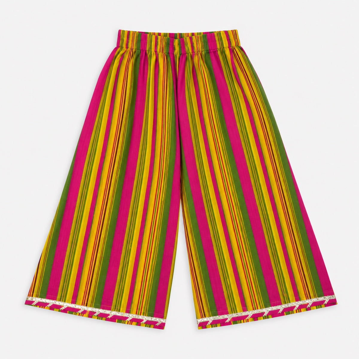 The Magic Wand Cotton Woven Cambric Colourful Stripes Laced Peplum Top And Pant Set With Dupatta - Multi Color