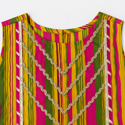 The Magic Wand Cotton Woven Cambric Colourful Stripes Laced Peplum Top And Pant Set With Dupatta - Multi Color