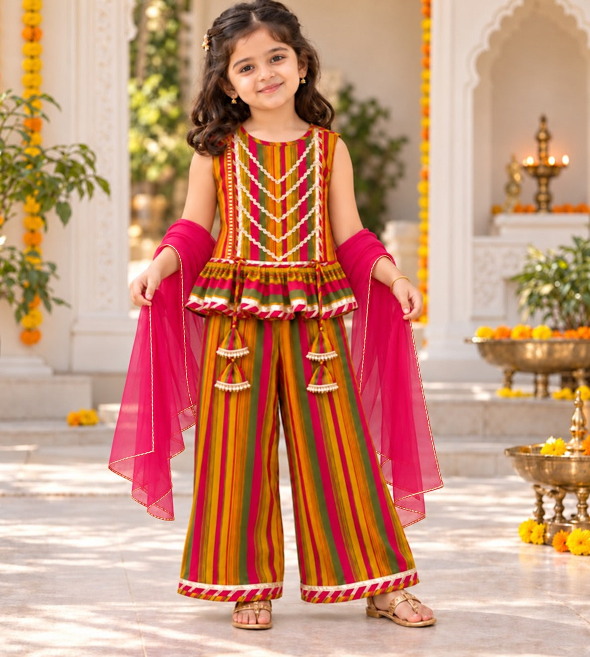 The Magic Wand Cotton Woven Cambric Colourful Stripes Laced Peplum Top And Pant Set With Dupatta - Multi Color