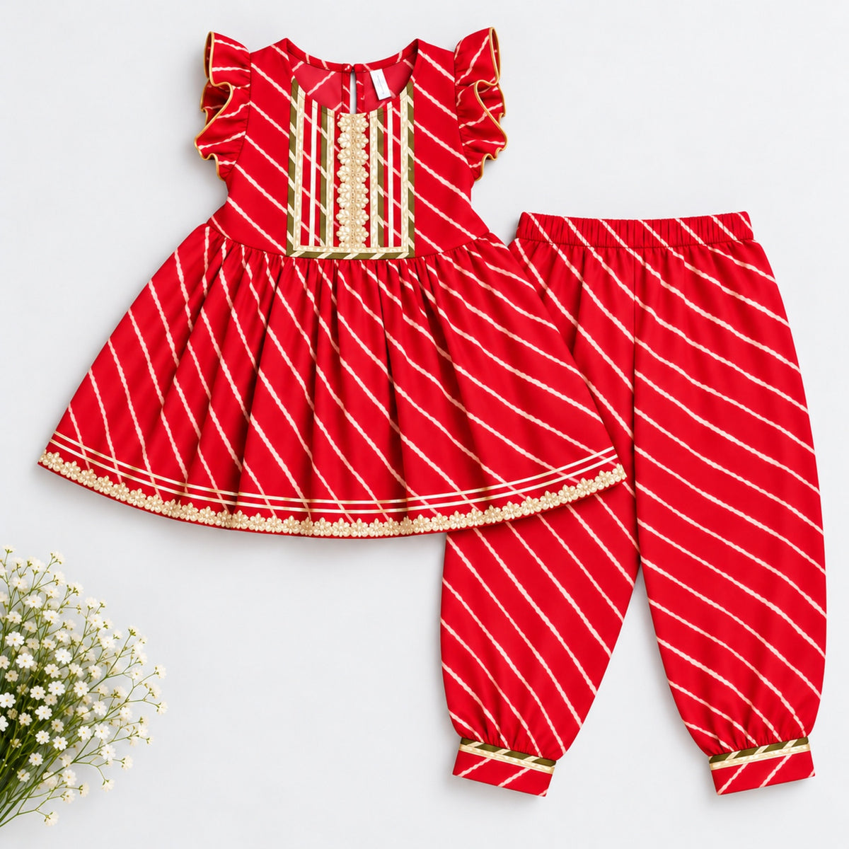 The Magic Wand Cotton Woven Cambric Ruffle Sleeves Leheriya Printed Laced Kurti And Afghani Pant Set - Red
