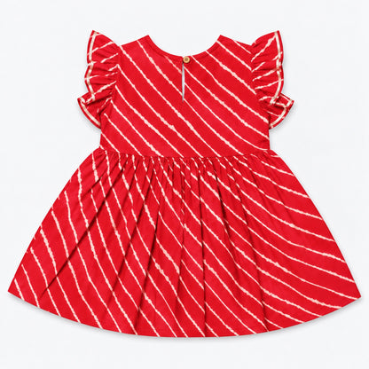 The Magic Wand Cotton Woven Cambric Ruffle Sleeves Leheriya Printed Laced Kurti And Afghani Pant Set - Red