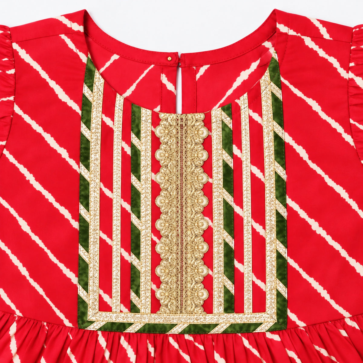 The Magic Wand Cotton Woven Cambric Ruffle Sleeves Leheriya Printed Laced Kurti And Afghani Pant Set - Red