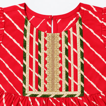 The Magic Wand Cotton Woven Cambric Ruffle Sleeves Leheriya Printed Laced Kurti And Afghani Pant Set - Red