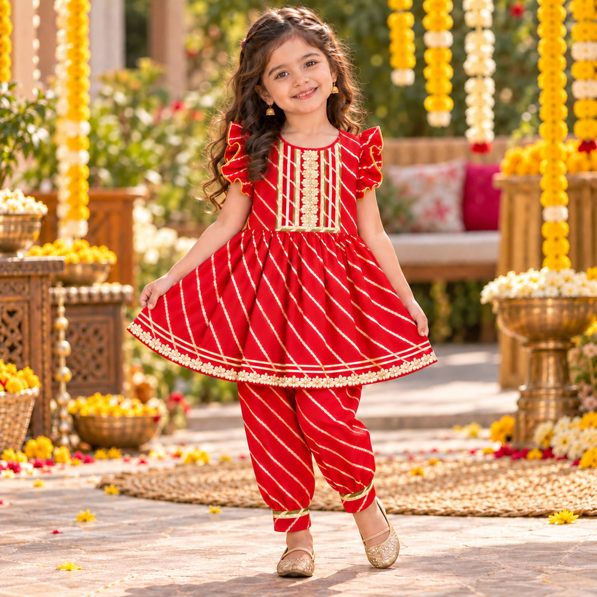 The Magic Wand Cotton Woven Cambric Ruffle Sleeves Leheriya Printed Laced Kurti And Afghani Pant Set - Red