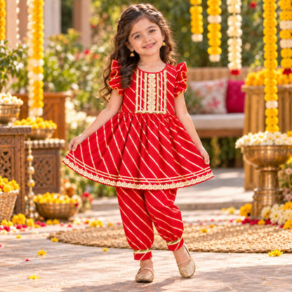 The Magic Wand Cotton Woven Cambric Ruffle Sleeves Leheriya Printed Laced Kurti And Afghani Pant Set - Red
