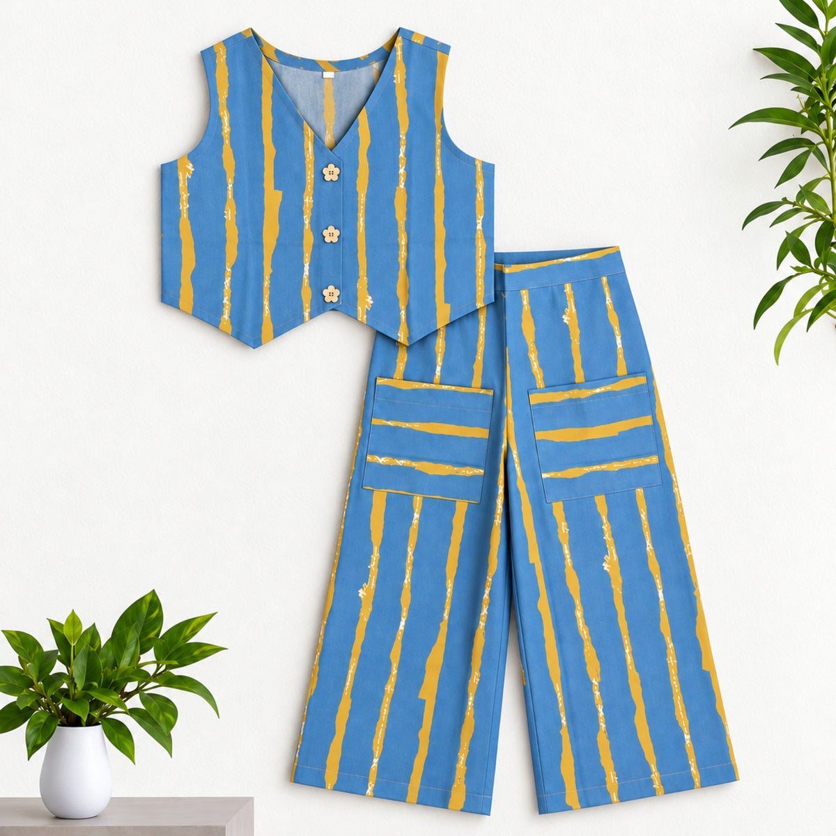 The Magic Wand Cotton Woven Cambric Sleveeless Stripes Printed Waistcoat Top And Pant Set - Blue