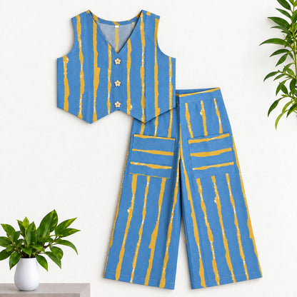 The Magic Wand Cotton Woven Cambric Sleveeless Stripes Printed Waistcoat Top And Pant Set - Blue