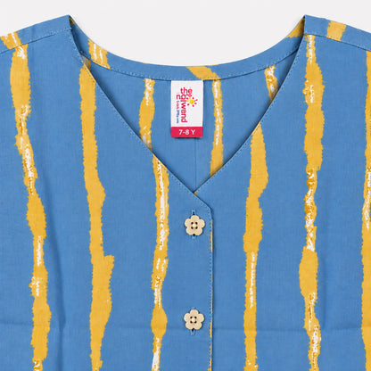 The Magic Wand Cotton Woven Cambric Sleveeless Stripes Printed Waistcoat Top And Pant Set - Blue