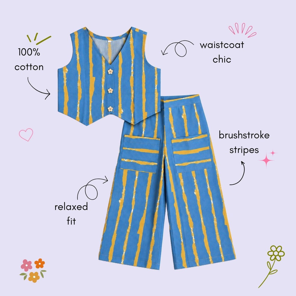 The Magic Wand Cotton Woven Cambric Sleveeless Stripes Printed Waistcoat Top And Pant Set - Blue
