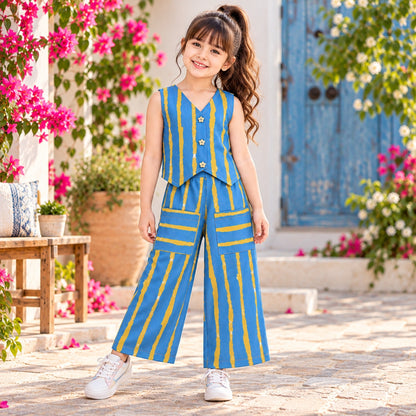 The Magic Wand Cotton Woven Cambric Sleveeless Stripes Printed Waistcoat Top And Pant Set - Blue