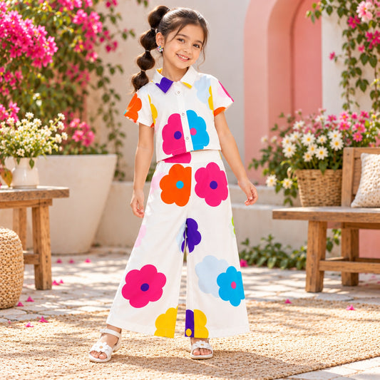 The Magic Wand 100% Cotton Woven Half Sleeves Bold Floral Printed Shirt And Pant Set - White