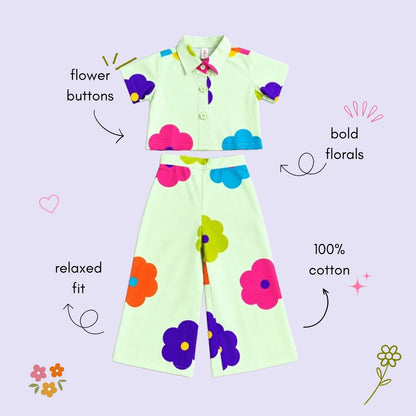 The Magic Wand 100% Cotton Woven Half Sleeves Bold Floral Printed Shirt And Pant Set - Mint Green