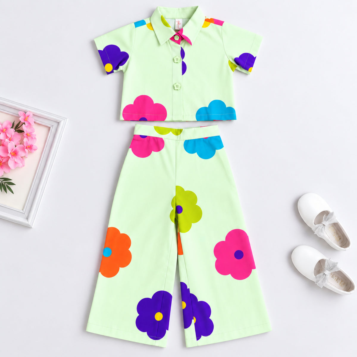 The Magic Wand 100% Cotton Woven Half Sleeves Bold Floral Printed Shirt And Pant Set - Mint Green