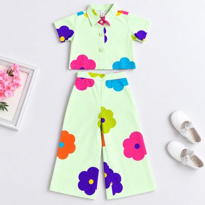 The Magic Wand 100% Cotton Woven Half Sleeves Bold Floral Printed Shirt And Pant Set - Mint Green
