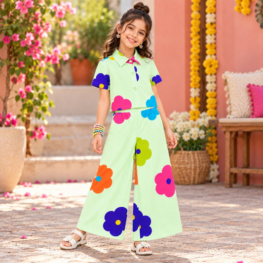 The Magic Wand 100% Cotton Woven Half Sleeves Bold Floral Printed Shirt And Pant Set - Mint Green