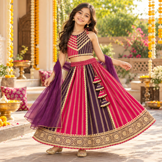 The Magic Wand Cotton Woven Cambric Ethnic Stripes Printed Laced Halter Neck Choli And Lehenga Set With Dupatta - Fuchsia